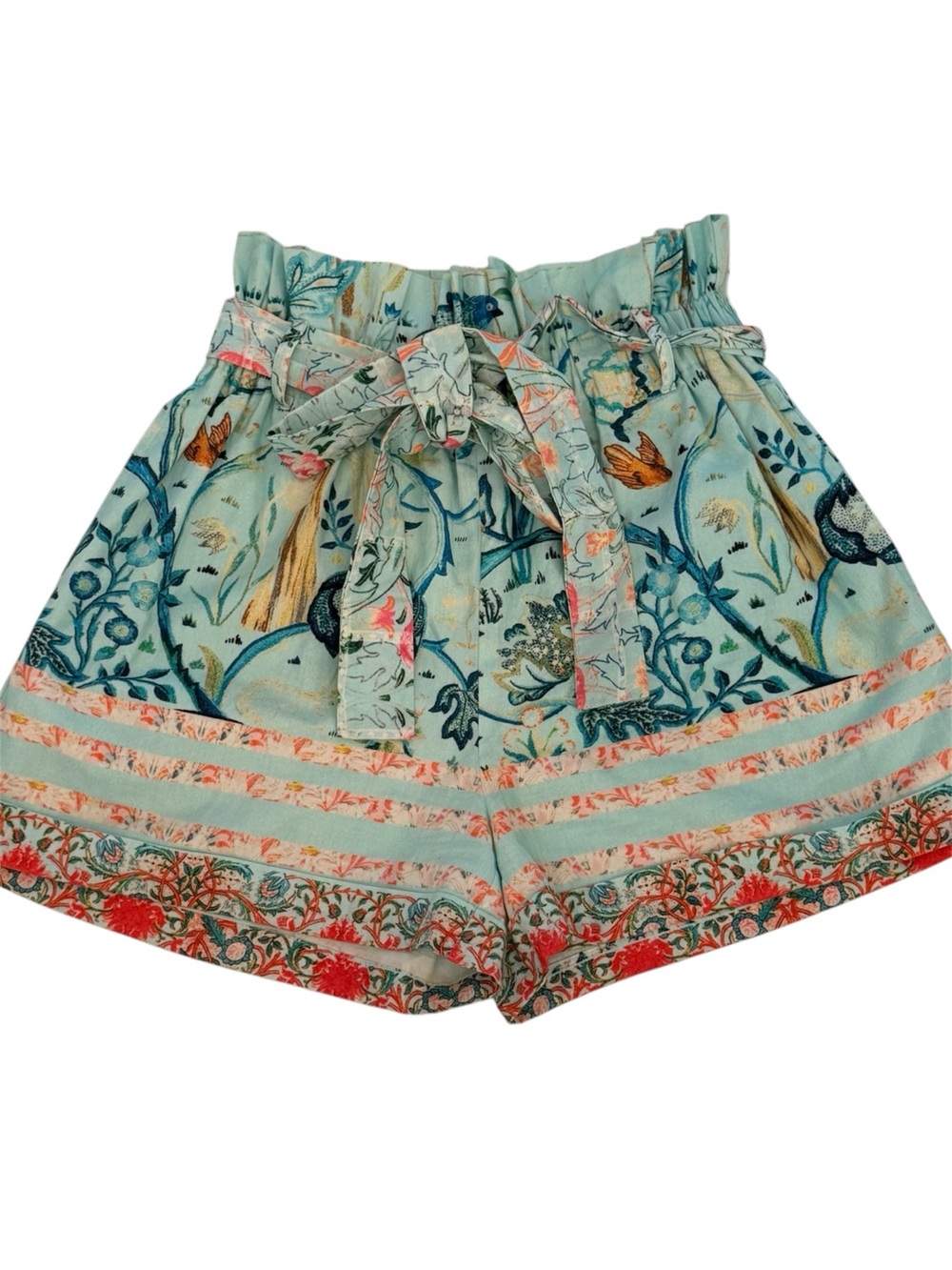 Hemant & Nandita Floral Paperbag Shorts Mint Cotton Tie Waist Size S